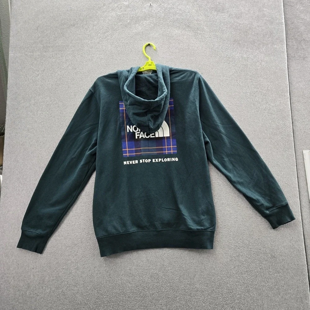 The‎ North Face Men Hoodie L Teal Graphic Fleece Logo Plaid Activewear Long